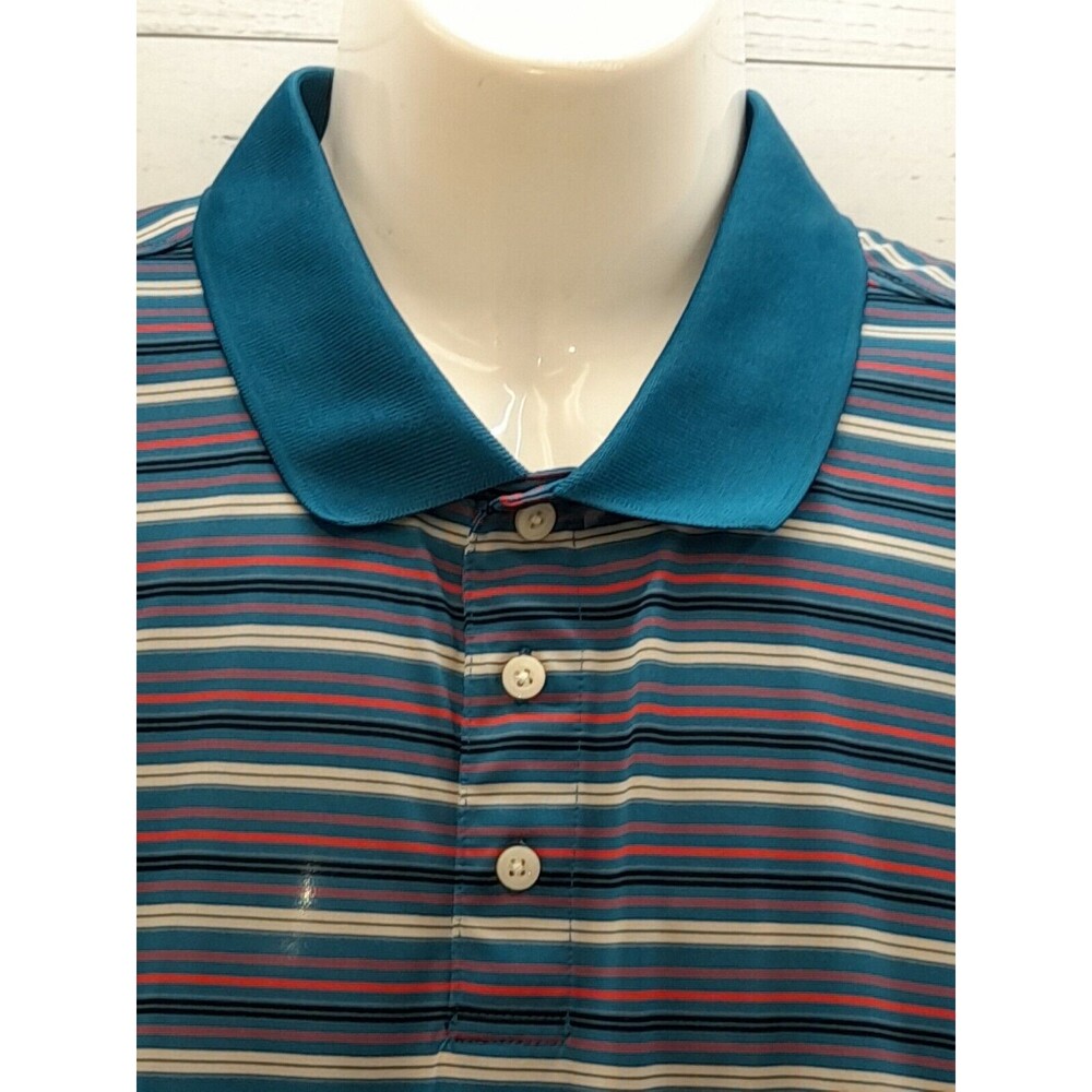 PGA Tour Men Short Sleeve Stripe Polo Golf Shirt Blue Red Tan Size L